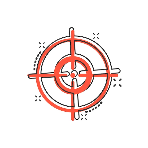 Icono vectorial de tiro al objetivo en estilo cómico Ilustración de dibujos animados del símbolo del francotirador en fondo blanco Efecto de salpicadura del concepto de negocio del objetivo objetivo