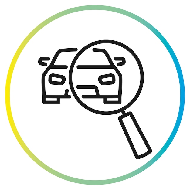 icono de vehículo de inspección técnica, lupa con vehículo, búsqueda automática, símbolo de línea delgada sobre fondo blanco - ilustración vectorial de trazo editable