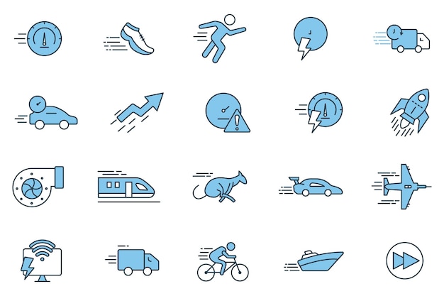 Icono de velocidad configurado velocímetro corriendo expreso rápido etc estilo de icono de línea plana diseño vectorial simple editable