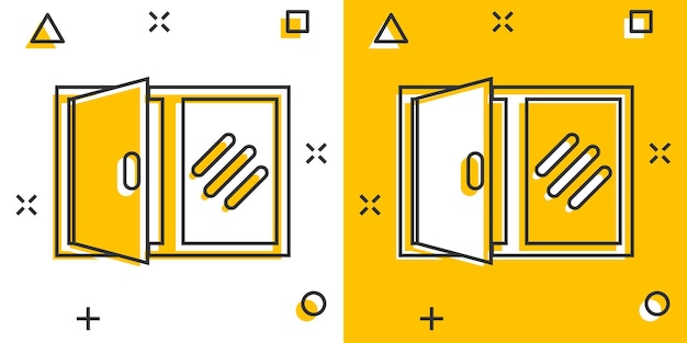 Icono de ventana en estilo cómico Ilustración de dibujos animados de vector de marco exterior sobre fondo blanco aislado efecto de salpicadura de concepto de negocio de escaparate