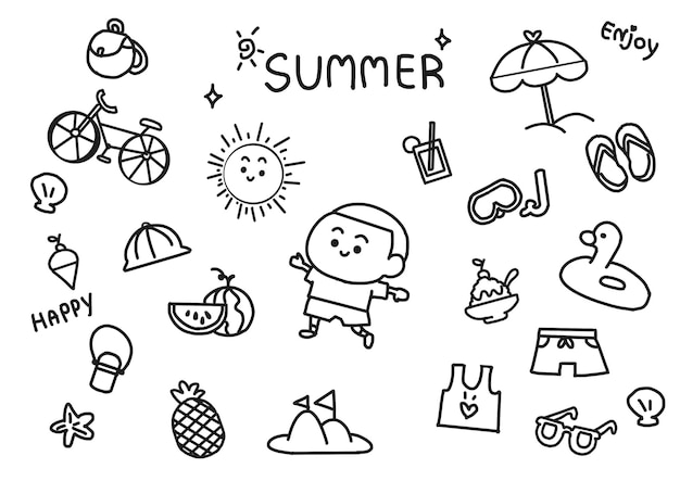 Vector el icono de verano establece la línea de doodle art