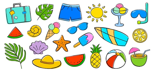 Icono de verano grabado en fondo blanco Símbolos y objetos dibujados a mano de verano