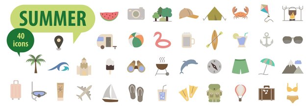 Icono de verano Iconos multicolores brillantes Símbolo de turismo Conjunto para web y aplicaciones