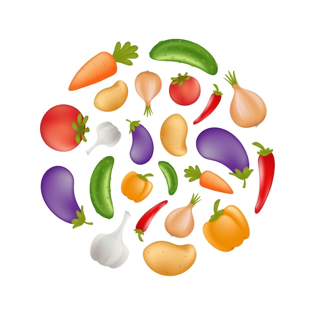 Vector icono de verduras en forma redonda: patata, zanahoria, pepino, cebolla, pimiento, tomate, berenjena, berenjena, ajo. comida vegetariana o vegana saludable. aislado sobre fondo blanco