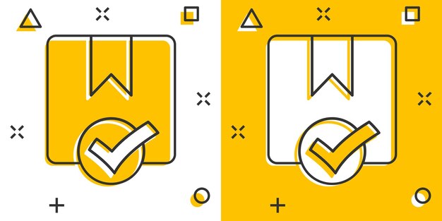Icono de verificación de caja de envío en estilo cómico Ilustración de vector de dibujos animados de aprobación de contenedor sobre fondo blanco aislado Concepto de negocio de efecto de salpicadura de paquete de cartón