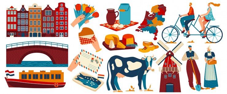 Vector icono de viaje de turismo de holanda países bajos con edificio de arquitectura de amsterdam, atracciones, ilustración de monumentos famosos de turistas.
