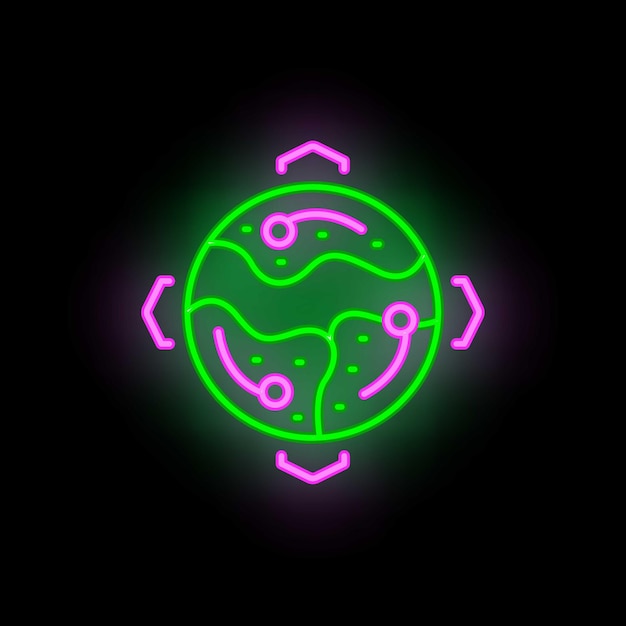 Icono de viaje virtual global vector de contorno Mapa espacio Turismo digital color neón aislado en negro