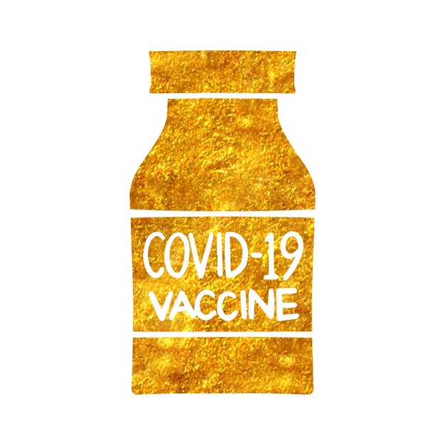 Icono de vial de vacuna dibujado a mano en la ilustración de vector de textura de hoja de oro