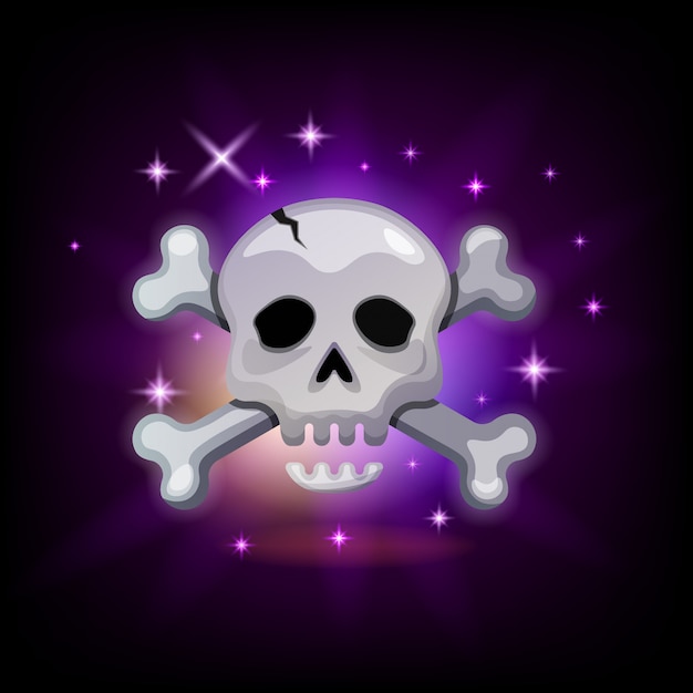 Icono de videojuego con calavera pirata brillante y tibias cruzadas sobre fondo oscuro, ilustración para interfaz gráfica de usuario, estilo de dibujos animados