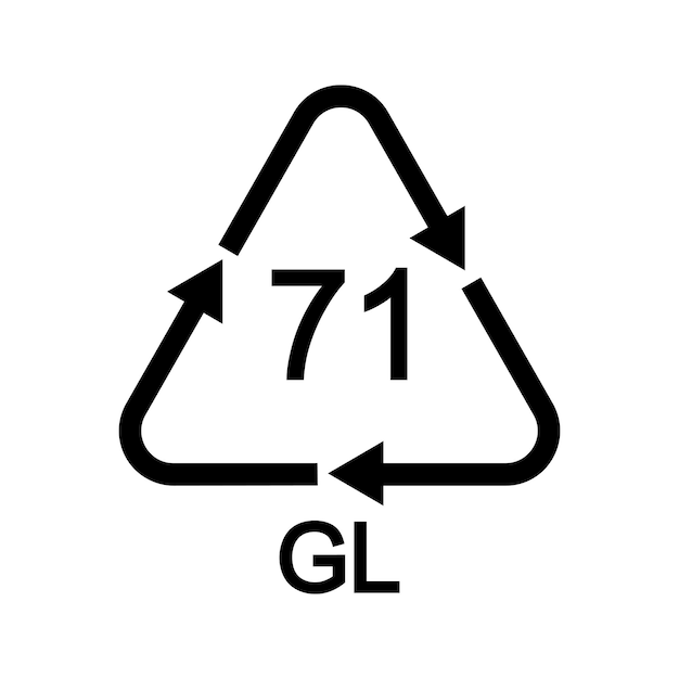 Icono de vidrio reutilizable 71 GL signo de reciclaje en forma triangular con flechas aisladas en blanco