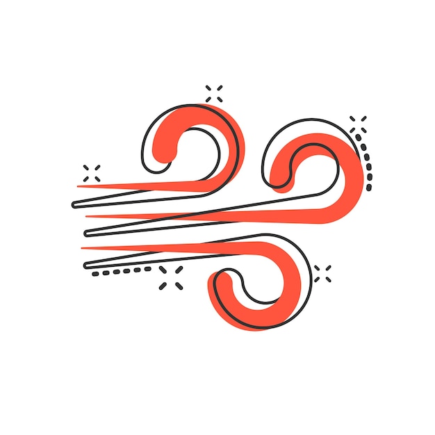 Icono de viento en estilo cómic Ilustración de vector de dibujos animados de aire sobre fondo blanco aislado Concepto de negocio de efecto de salpicadura de brisa