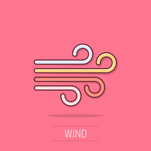 Icono de viento en estilo cómico Ilustración vectorial de dibujos animados en el fondo aislado Efecto de salpicaduras de brisa Concepto de negocio