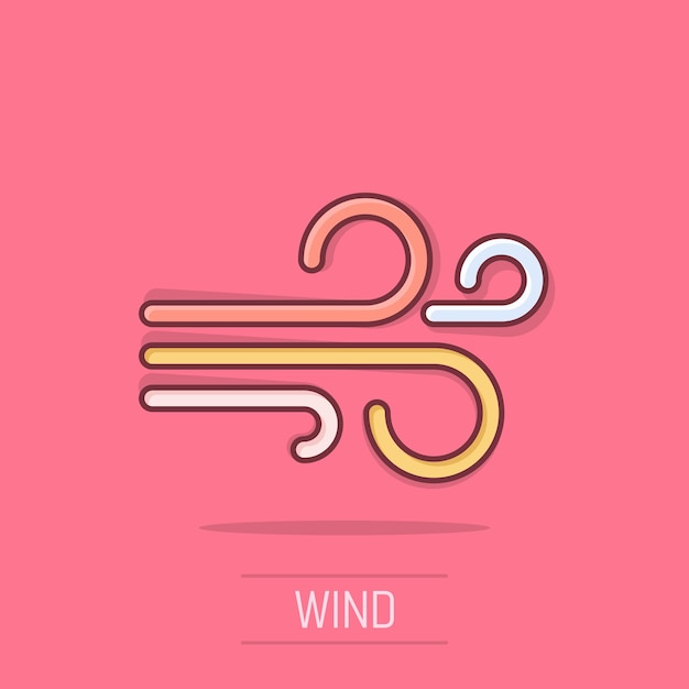 Icono de viento en estilo cómico Ilustración vectorial de dibujos animados en el fondo aislado Efecto de salpicaduras de brisa Concepto de negocio