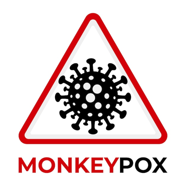 Icono del virus de la viruela del mono en el signo del triángulo de advertencia rojo