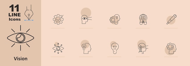 Icono de visión Equipo ocular con marca de comprobación Cabeza con ojo Cerebro con engranaje Telescopio faro bombilla visión innovación previsión Concepto de visión y estrategia