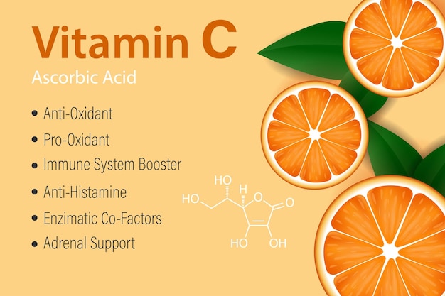 Vector icono de vitamina c rebanadas de naranja la fórmula y los beneficios de la vitamina c