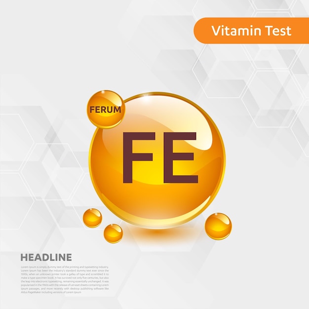 Icono de vitamina FE Golden Drop set, gota compleja. Ilustración de Vector de salud de antecedentes médicos