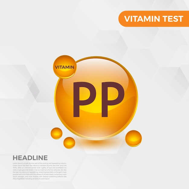 Icono de vitamina PP Logo Golden Drop, gota compleja. Ilustración de Vector de salud de antecedentes médicos