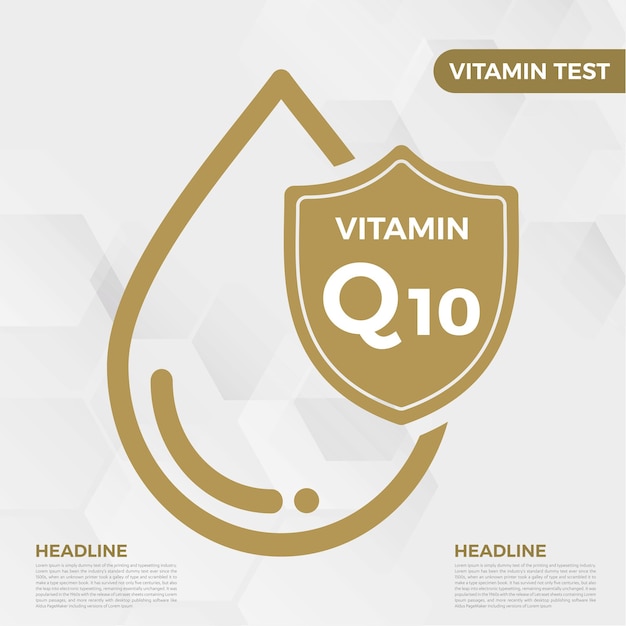 Icono de vitamina q10 logo golden drop shield protection, fondo médico salud ilustración vectorial