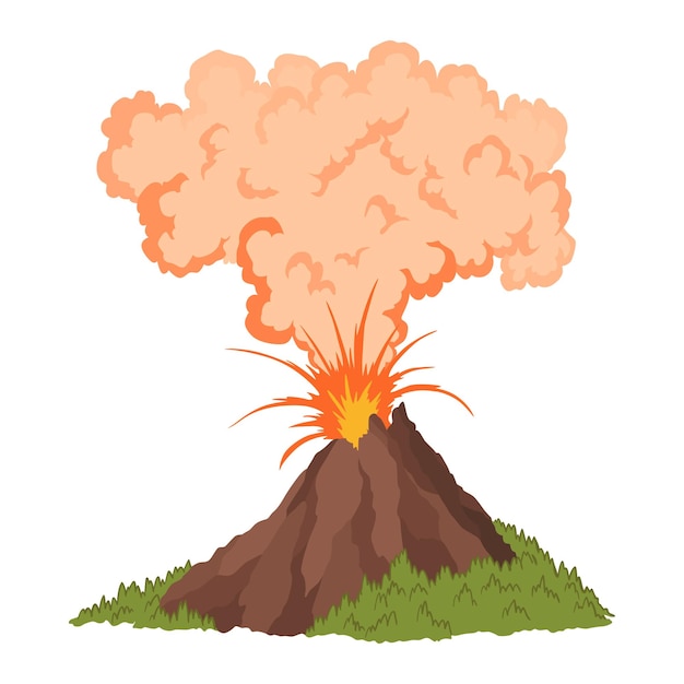 Icono de volcán Naturaleza de magma explotando con humo Una actividad volcánica despertada elemento de fuego y humo Erupción de volcán Ilustración aislada de vector de dibujos animados planos