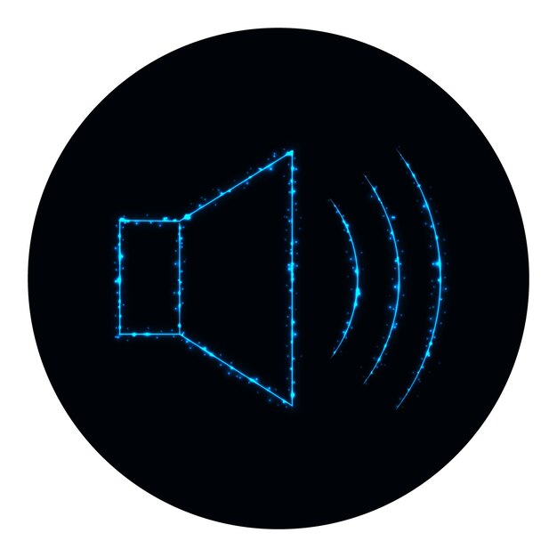 Icono de volumen de altavoz de audio de luces azules en fondo negro icono vectorial de neón