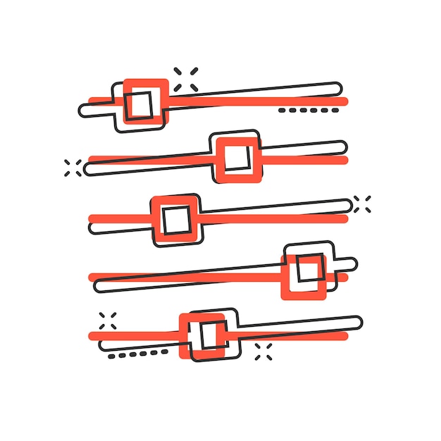 Icono de volumen de control en estilo cómico Ilustración de vector de signo de dibujos animados de ajuste de audio sobre fondo blanco aislado Concepto de negocio de efecto de salpicadura de filtro