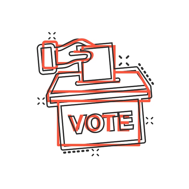 Icono de voto en estilo cómic Ilustración de vector de dibujos animados de urna sobre fondo blanco aislado Concepto de negocio de efecto de salpicadura de elección