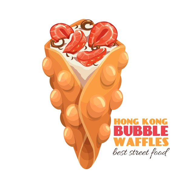 Icono de waffle de burbuja de hong kong. Postre de ilustración con fresa y crema batida