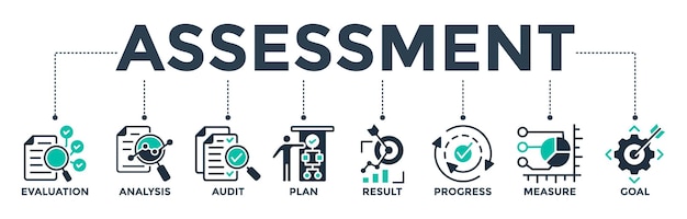 Ícono web de banner de evaluación para el método de acreditación y evaluación en negocios y educación