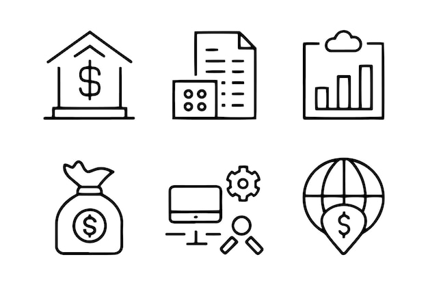Icono web de gestión de riesgos establecido en estilo de línea Análisis de riesgos Inversión de riesgo Minimización de pérdidas Plan de bajo costo Icono relacionado establecido Ilustración de vector plano