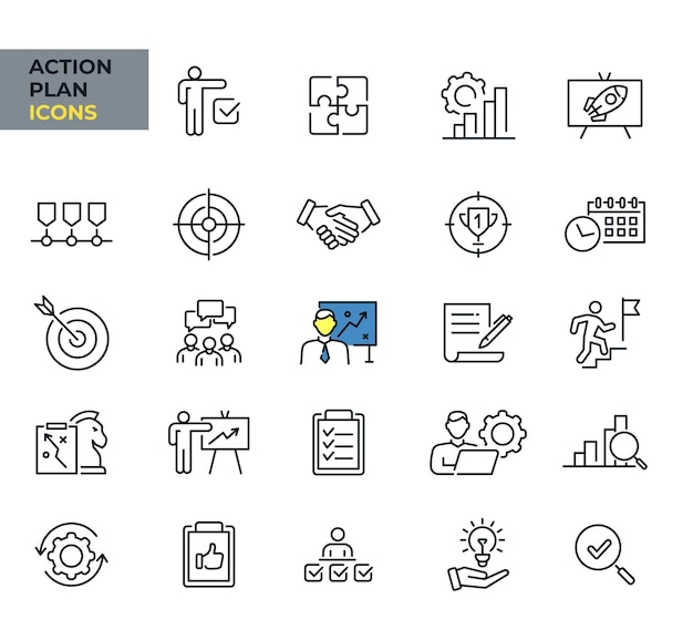 Vector el icono web del plan de acción se establece en estilo de línea análisis plan calendario estrategia ilustración vectorial