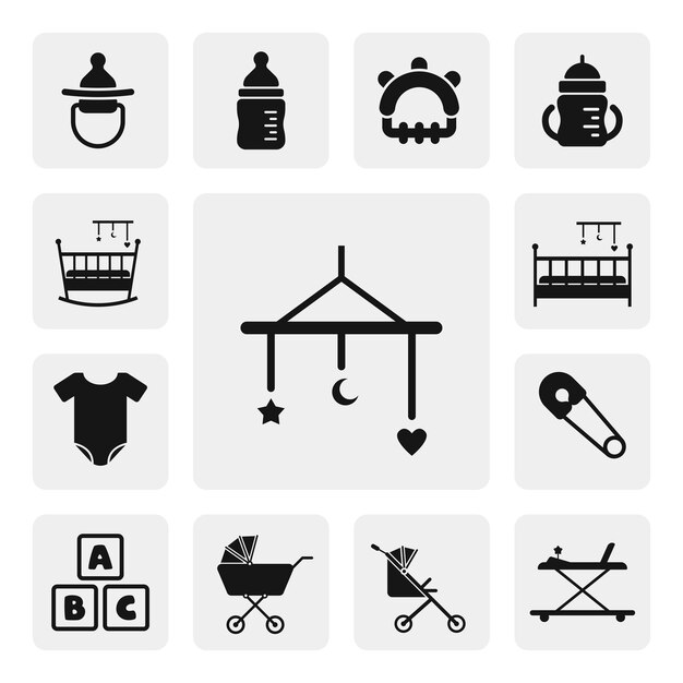 Icono de web plana móvil de bebé. Vector de icono negro sólido de silueta de juguete colgante de cuna. Paquete de conjunto de iconos de bebé