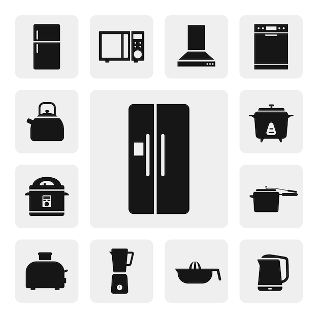 Vector icono de web de refrigerador moderno. vector de icono negro sólido de silueta de nevera. conjunto de iconos de electrodomésticos de cocina