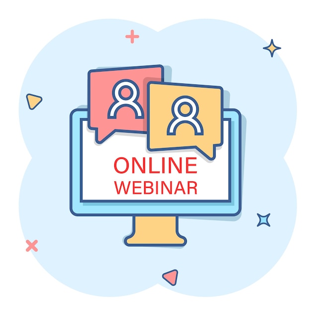 Icono de webinar en vivo en estilo cómico Ilustración vectorial de dibujos animados de capacitación en línea en un fondo aislado Efecto de salpicaduras de flujo de conferencia Concepto de negocio de señales