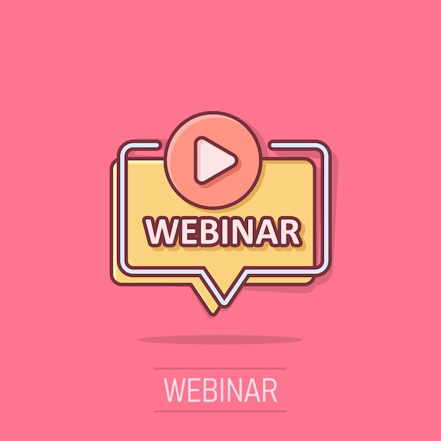 Icono de webinar en vivo en estilo cómico Ilustración vectorial de dibujos animados de capacitación en línea en un fondo aislado Efecto de salpicaduras de flujo de conferencia Concepto de negocio de señales