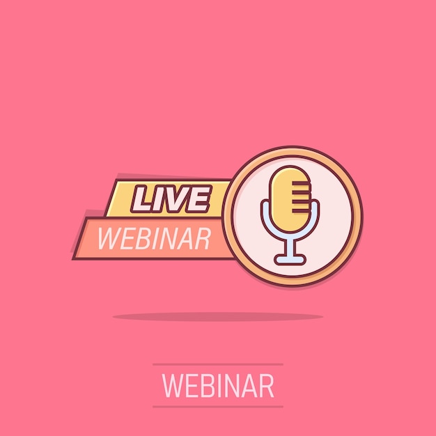 Icono de webinar en vivo en estilo cómico Ilustración vectorial de dibujos animados de capacitación en línea en un fondo aislado Efecto de salpicaduras de flujo de conferencia Concepto de negocio de señales