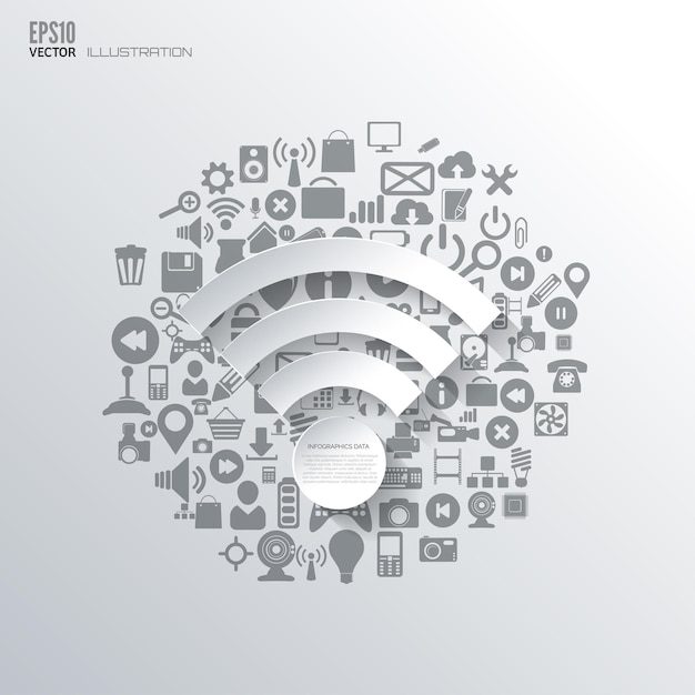 Icono Wifi fondo plano abstracto con iconos web símbolos de interfaz computación en la nube dispositivos móviles