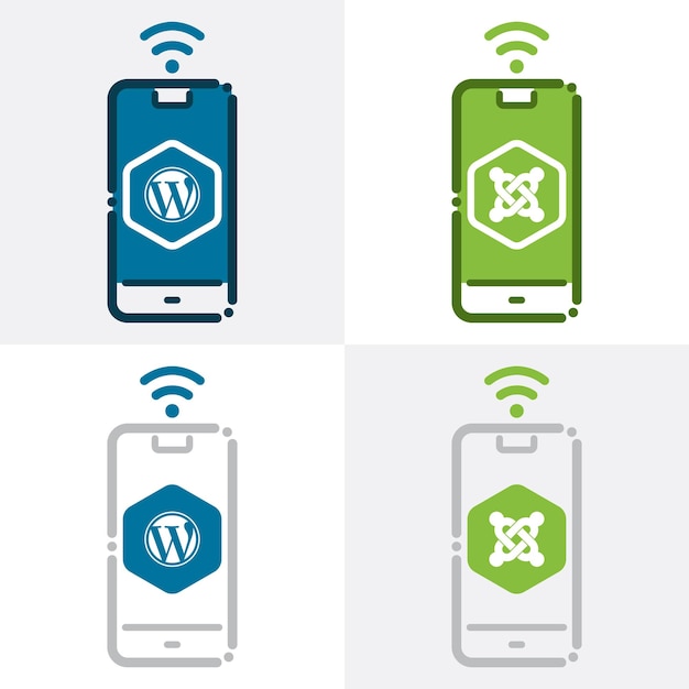 Icono de wordpress y joomla cms en maqueta de vector de teléfono inteligente