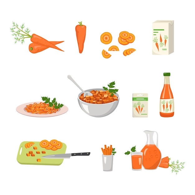 Ícono de zanahoria y productos de él Alimentos saludables vegetales naranjas Fuente de vitamina A bocadillo dulce Raíz de zanahoria para jugo de plantas en botella de paquete jarra o trozos de vidrio picados Vector ilustración plana