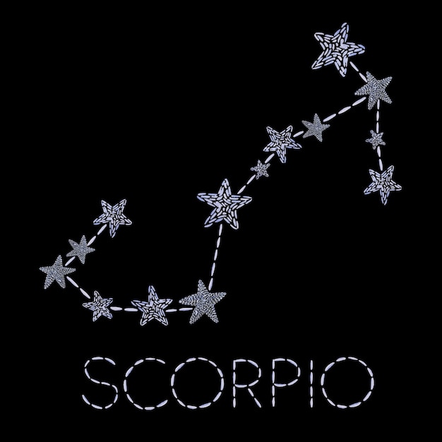 Icono del zodiaco Escorpio acuarela con línea y estrellas y letras. Zodiaco azul bordado