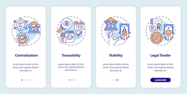 Vector iconos 2d que representan el conjunto de pantalla de la aplicación móvil de moneda digital tutorial de 4 pasos instrucciones gráficas multicolores con iconos lineales concepto ui ux gui plantilla