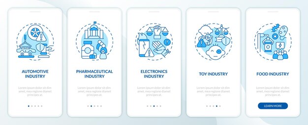 Iconos 2D que representan el conjunto de pantalla de la aplicación móvil de responsabilidad del producto Tutorial de 5 pasos instrucciones gráficas azules con iconos de líneas finas concepto UI UX GUI plantilla
