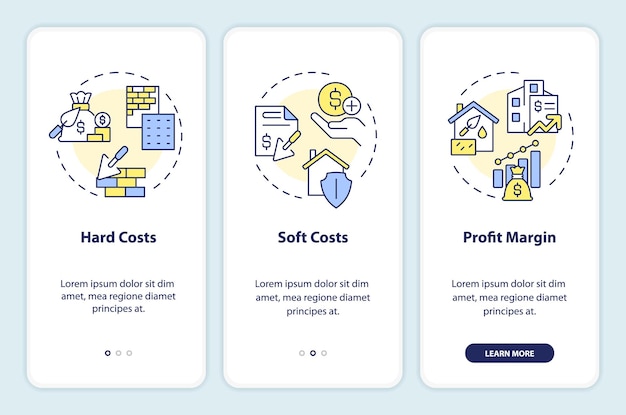 Iconos 2d que representan el costo de construcción del conjunto de pantalla de la aplicación móvil instrucciones gráficas multicolores en 3 pasos con iconos de línea delgada concepto de plantilla de interfaz de usuario ux gui