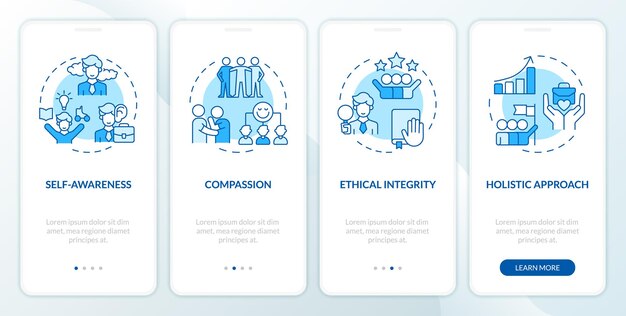 Iconos 2D que representan el emprendimiento consciente conjunto de pantalla de la aplicación móvil Paso a paso 4 pasos instrucciones gráficas azules con iconos de línea concepto de interfaz de usuario plantilla UX GUI