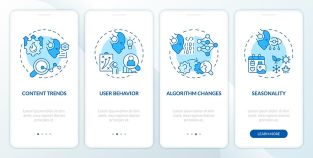 Iconos 2D que representan la IA para el conjunto de pantalla de la aplicación móvil SEO Instrucciones gráficas azules de 4 pasos con iconos de línea delgada concepto de plantilla de UI UX GUI