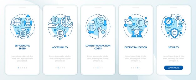 Iconos 2D que representan la moneda digital pantalla de la aplicación móvil conjunto de instrucciones gráficas azules de 5 pasos con iconos de línea concepto de plantilla de UI UX GUI