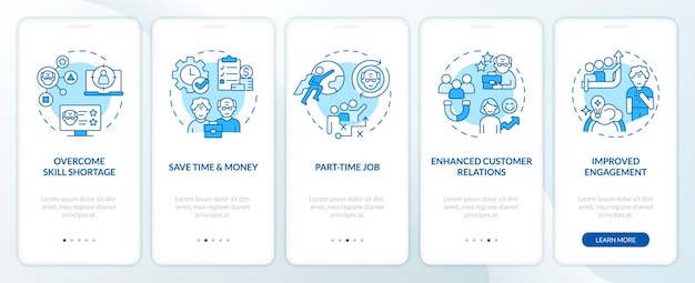Iconos 2D que representan la pantalla de la aplicación móvil sin jubilarse Instrucciones gráficas azules de 5 pasos con iconos de línea concepto de plantilla de UI UX GUI