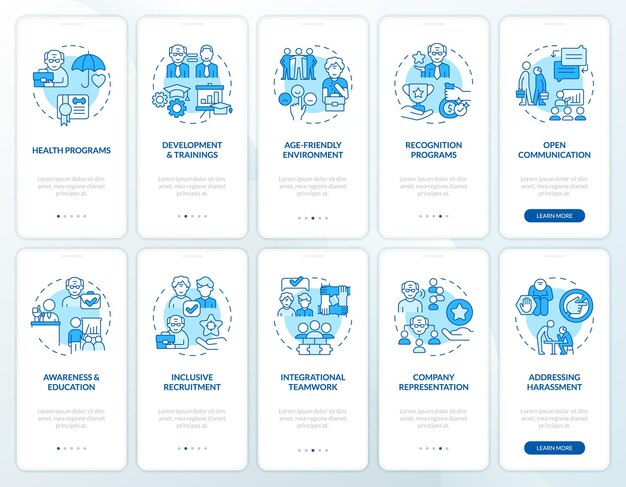 Iconos 2D que representan la pantalla de la aplicación móvil sin jubilarse Instrucciones gráficas azules de 5 pasos con iconos de línea delgada Concept UI UX GUI plantilla