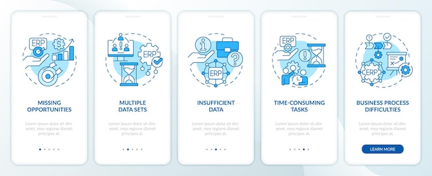 Iconos 2D que representan la pantalla de la aplicación móvil de planificación de recursos de la empresa Instrucciones gráficas azules de 5 pasos con iconos de línea delgada concepto de plantilla de UI UX GUI