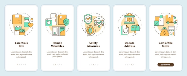 Iconos 2D que representan la pantalla de la aplicación móvil de servicio en movimiento Instrucciones gráficas multicolores en 5 pasos con iconos lineales concepto de interfaz de usuario plantilla UX GUI